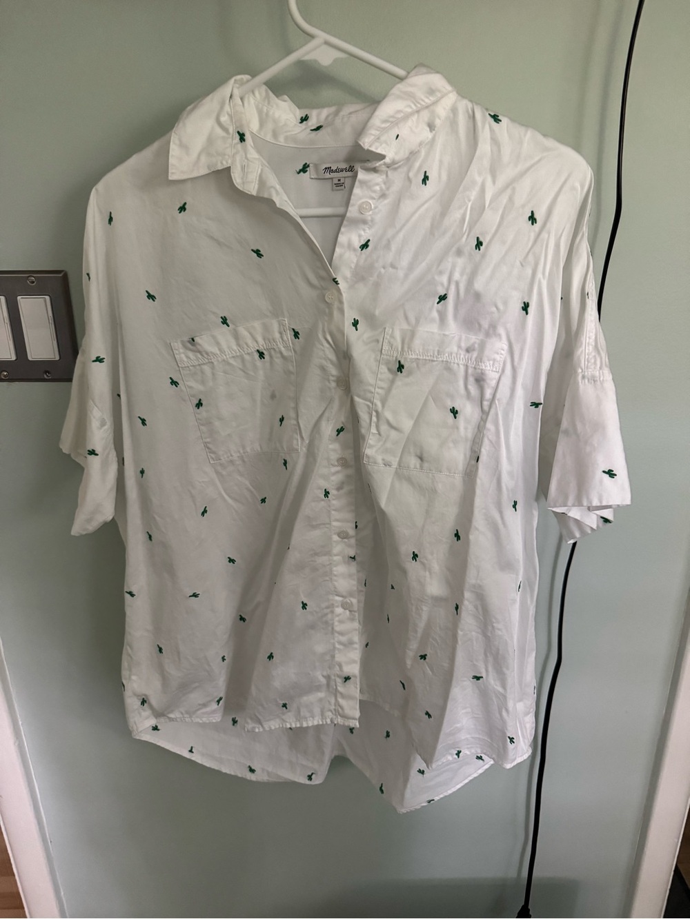 Madewell White Short-Sleeve Button-Down Shirt with Green Cactus Embroidery